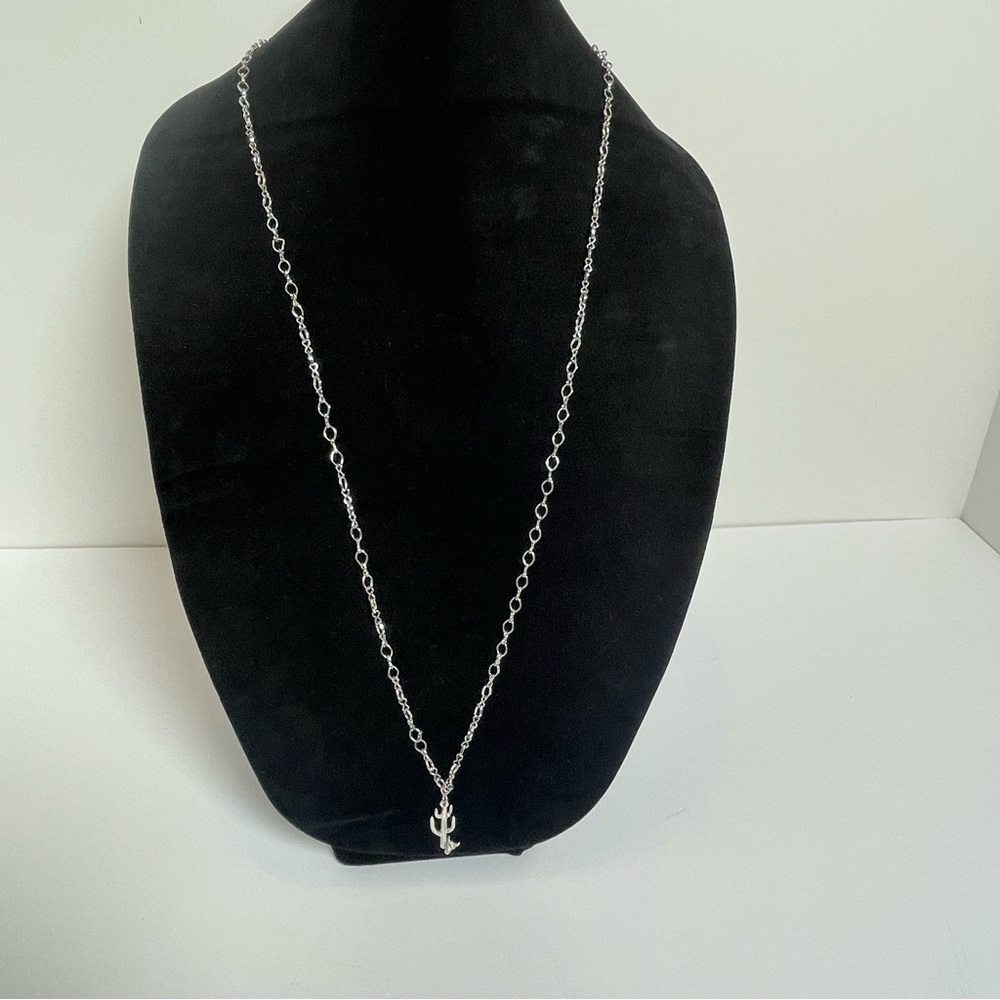 Long Silver Tone Necklace with Cactus and Cow Skull Pendant